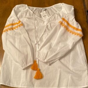 Jcrew, gold and white top with tassel.